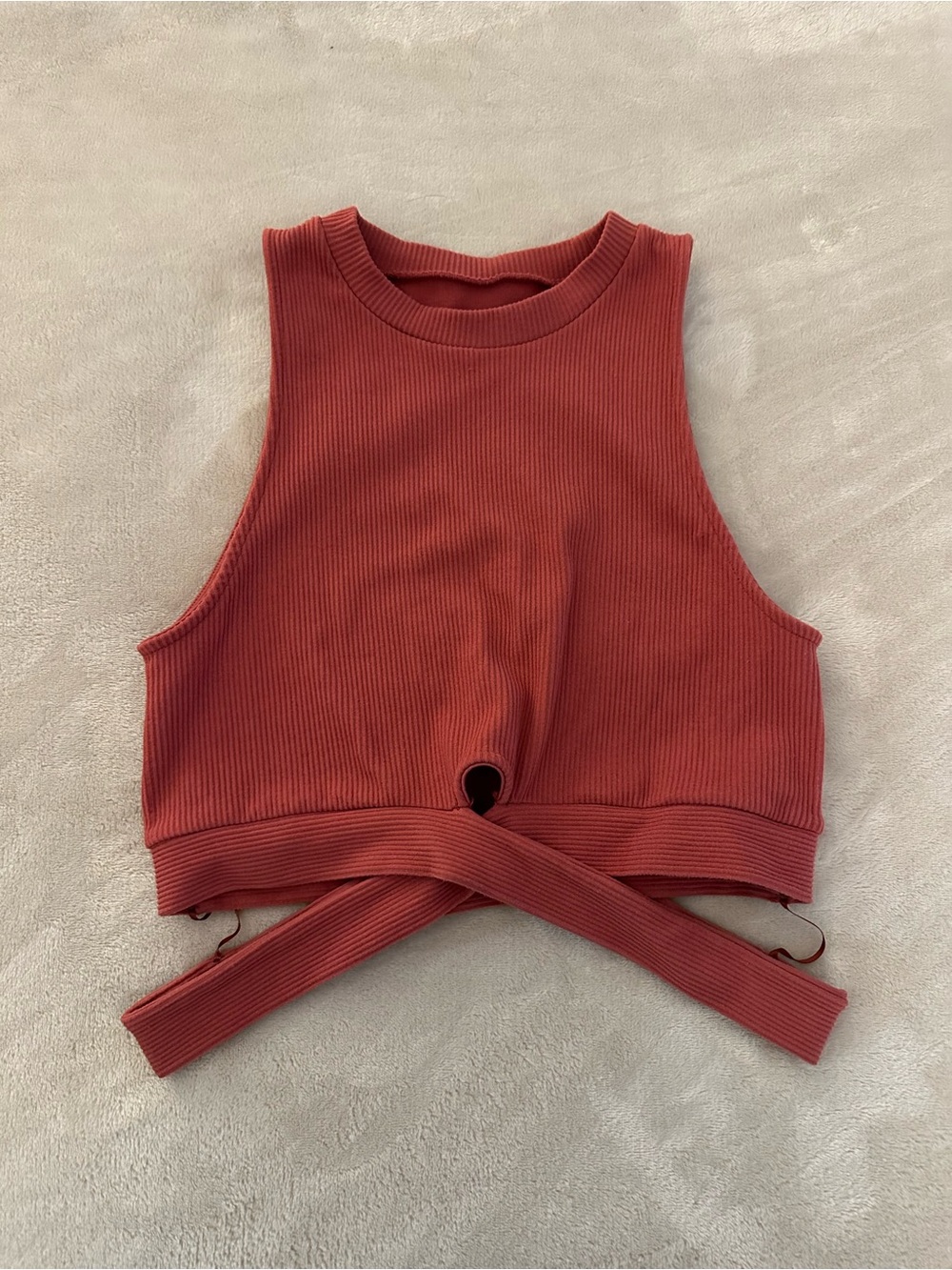 Poof! Rust Ribbed Twist-Front Cropped Tank